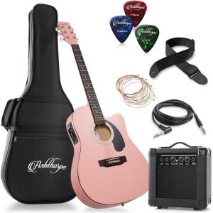 imageAshthorpe FullSize Thinline Cutaway Acoustic Electric Guitar Package with 10 Watt Amp  BrownPink