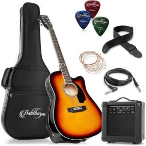 imageAshthorpe FullSize Thinline Cutaway Acoustic Electric Guitar Package with 10 Watt Amp  BrownSunburst