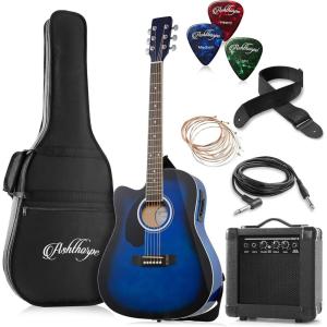imageAshthorpe Left Handed FullSize Dreadnought Cutaway Acoustic Electric Guitar Package with 10 Watt Amp  BlackBlue