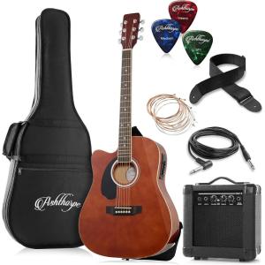 imageAshthorpe Left Handed FullSize Dreadnought Cutaway Acoustic Electric Guitar Package with 10 Watt Amp  BlackBrown
