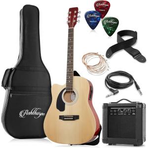 imageAshthorpe Left Handed FullSize Dreadnought Cutaway Acoustic Electric Guitar Package with 10 Watt Amp  BlackNatural