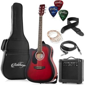 imageAshthorpe Left Handed FullSize Dreadnought Cutaway Acoustic Electric Guitar Package with 10 Watt Amp  BlackRed