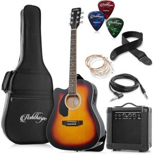 imageAshthorpe Left Handed FullSize Dreadnought Cutaway Acoustic Electric Guitar Package with 10 Watt Amp  BlackSunburst