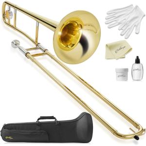 imageAshthorpe Bb Tenor Slide Trombone with Gold Lacquer Finish  Includes Case Mouthpiece Gloves Cleaning Cloth Slide GreaseGold Lacquer
