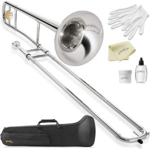 imageAshthorpe Bb Tenor Slide Trombone with Gold Lacquer Finish  Includes Case Mouthpiece Gloves Cleaning Cloth Slide GreaseNickel