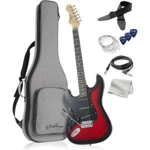 imageAshthorpe 39Inch Left Handed Electric Guitar RedBlack FullSize Guitar Kit with Padded Gig Bag Tremolo Bar Strap Strings Cable Cloth PicksRedBlack