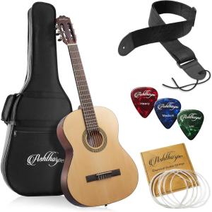 imageAshthorpe 39inch FullSize Classical Acoustic Guitar Premium Tonewoods with Classic Natural Finish Nylon Strings Gig Bag Strap Picks